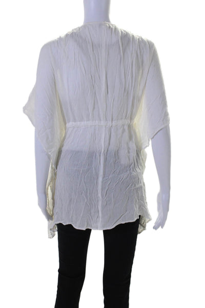 Elan Womens Open Knit Tie Closure Short Sleeves Kaftan Blouse White Size Small