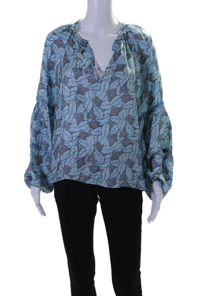 Ramy Brook Womens Abstract Print Long Sleeves Blouse Sky Blue Size  Extra Small