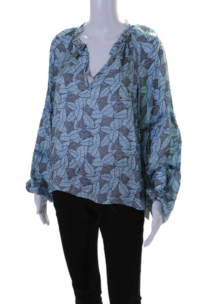 Ramy Brook Womens Abstract Print Long Sleeves Blouse Sky Blue Size  Extra Small