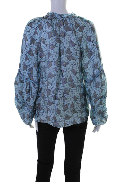 Ramy Brook Womens Abstract Print Long Sleeves Blouse Sky Blue Size  Extra Small