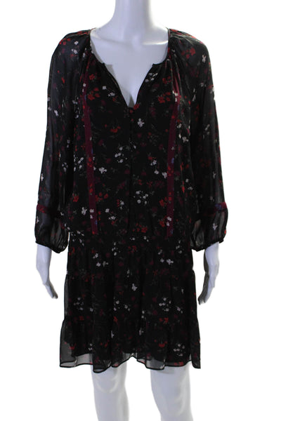 Joie Womens Silk Floral Print Long Sleeves A Line Dress Black Size Large