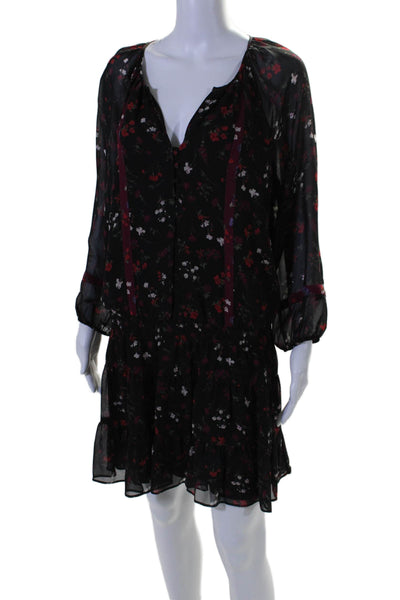 Joie Womens Silk Floral Print Long Sleeves A Line Dress Black Size Large