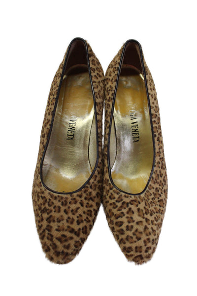 Bottega Veneta Womens Leopard Print Ponyhair Slip On Pumps Brown Size 6