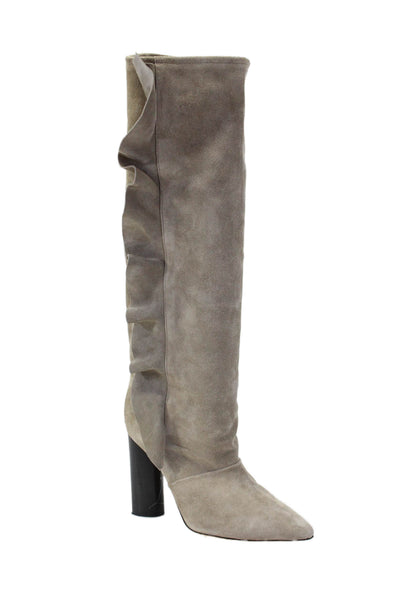 IRO Womens Suede Pointed Toe Ruffle Trim Knee High Boots Taupe Size 11