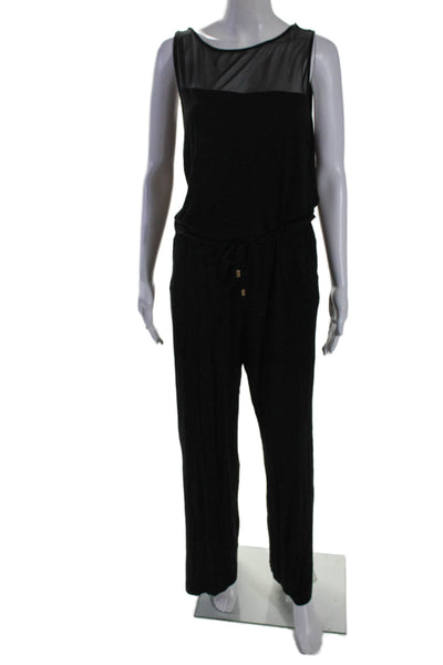 La Blanca Women's Round Neck Sleeveless Sheer Cinch Waist Jumpsuit Black Size L