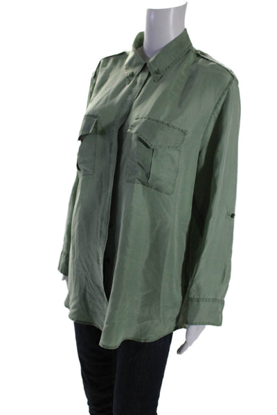 Equipment Femme Womens Collared Silk Long Sleeves Button Down Shirt Green Size M