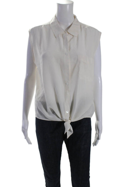 Equipment Femme Women's Collared Sleeveless Button Down Silk Shirt Beige Size L