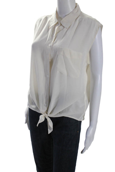 Equipment Femme Women's Collared Sleeveless Button Down Silk Shirt Beige Size L