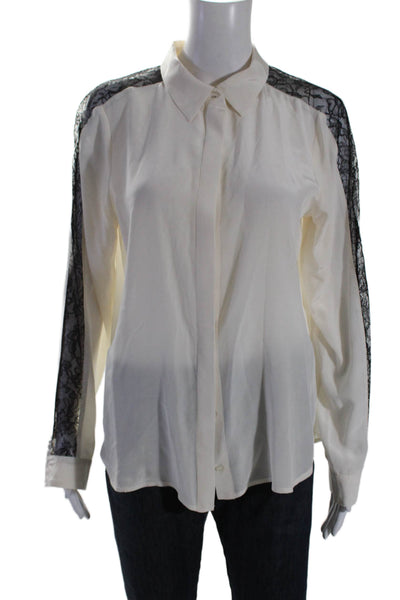 TJ Collection Women's Long Sleeves Silk Lace Trim Button Down Shirt Beige Size L