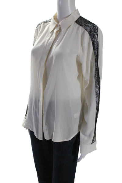 TJ Collection Women's Long Sleeves Silk Lace Trim Button Down Shirt Beige Size L