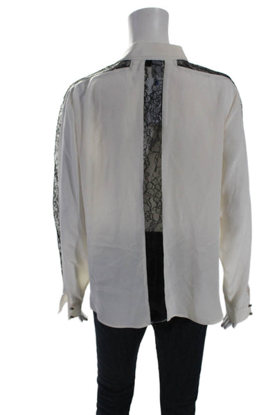 TJ Collection Women's Long Sleeves Silk Lace Trim Button Down Shirt Beige Size L