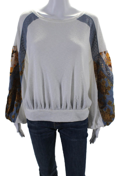 Free People Womens Abstract Print Long Sleeve Pullover Blouse Top White Size M