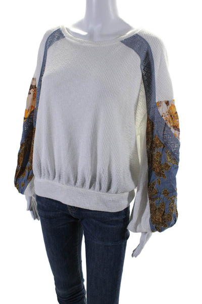 Free People Womens Abstract Print Long Sleeve Pullover Blouse Top White Size M