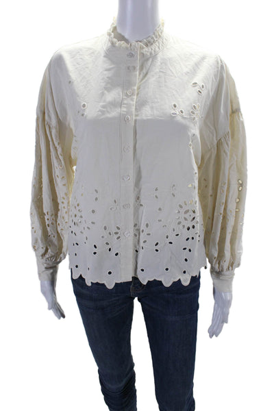 Sea New York Womens Cotton Eyelet Long Sleeve Button Down Shirt Beige Size XS