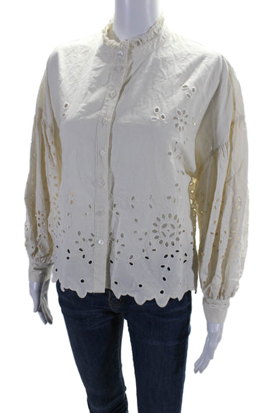 Sea New York Womens Cotton Eyelet Long Sleeve Button Down Shirt Beige Size XS