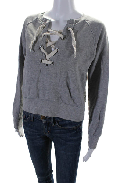 Sincerely Jules Womens Lace Up Front Long Sleeves Sweatshirt Gray Size Small