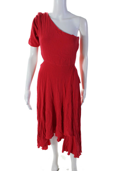 Farm Rio Womens Side Zip Short Sleeve One Shoulder Long Dress Red Size XS