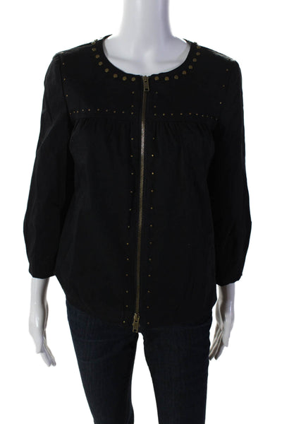 DKNY Womens Zip Front Long Sleeve round Neck Studded Blouse Black Size 4