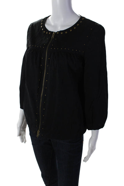 DKNY Womens Zip Front Long Sleeve round Neck Studded Blouse Black Size 4