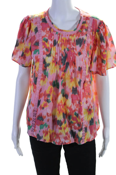 Nanette Lepore Womens Abstract Print Flounce Short Sleeve Blouse Top Pink Size M