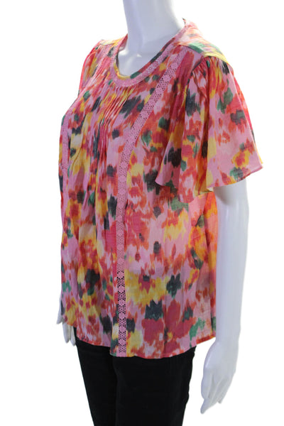 Nanette Lepore Womens Abstract Print Flounce Short Sleeve Blouse Top Pink Size M