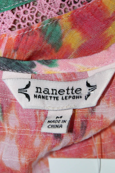 Nanette Lepore Womens Abstract Print Flounce Short Sleeve Blouse Top Pink Size M