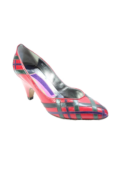 Susan Bennis Warren Edwards Womens Leather Plaid Detail Slip On Pumps Red Size 7