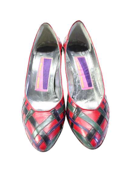 Susan Bennis Warren Edwards Womens Leather Plaid Detail Slip On Pumps Red Size 7