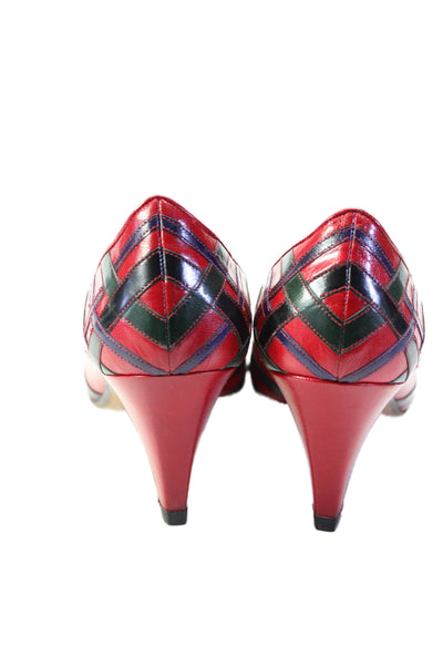 Susan Bennis Warren Edwards Womens Leather Plaid Detail Slip On Pumps Red Size 7