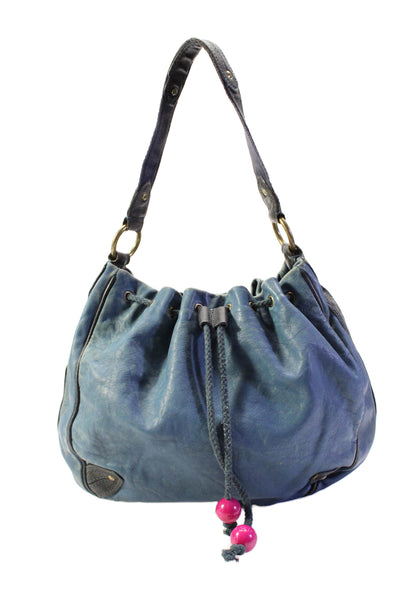 Marc Jacobs Grained Leather Twill Lined Drawstring Shoulder Handbag Ocean Blue