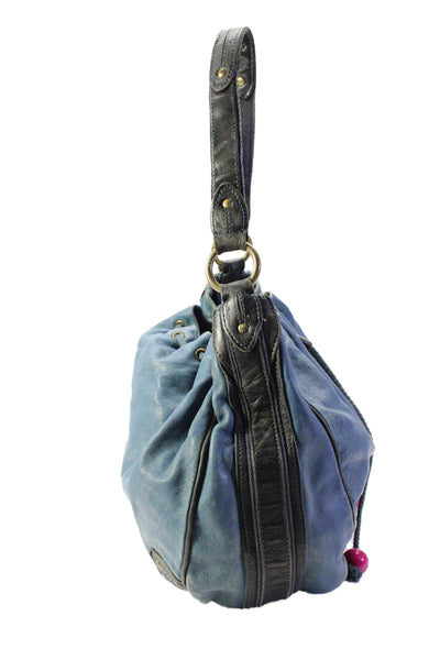 Marc Jacobs Grained Leather Twill Lined Drawstring Shoulder Handbag Ocean Blue