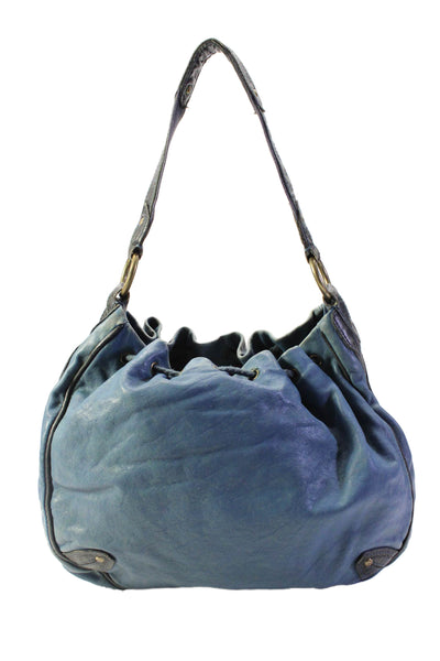 Marc Jacobs Grained Leather Twill Lined Drawstring Shoulder Handbag Ocean Blue