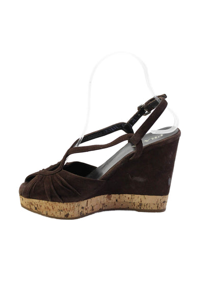 Prada Womens Suede Strappy Open Toe Slingback Wedge Sandals Brown Size 36 6