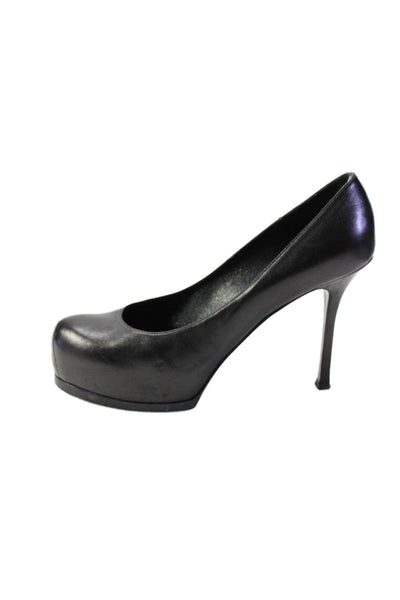 Yves Saint Laurent Womens Black Leather Platform Heels Pumps Shoes Size 9.5