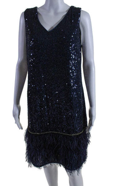 Tahari Womens Navy Blue Sequins Ostrich Feather Sleeveless A-line Dress Size 10