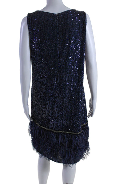 Tahari Womens Navy Blue Sequins Ostrich Feather Sleeveless A-line Dress Size 10