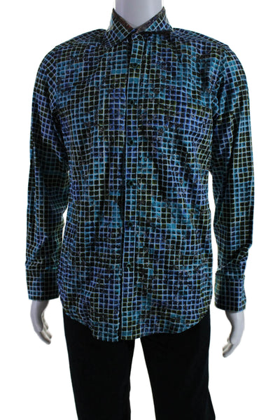 Robert Graham Mens Blue Green Printed Cotton Collar Button Dress Shirt Size S