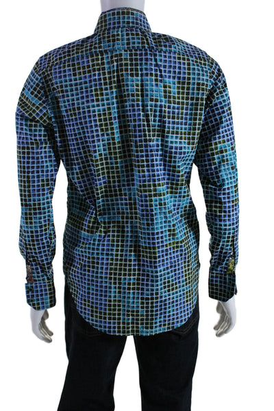 Robert Graham Mens Blue Green Printed Cotton Collar Button Dress Shirt Size S