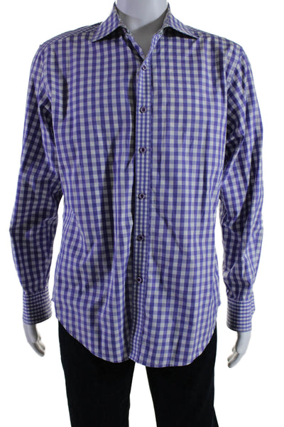 Robert Graham Mens Cotton Purple Gingham Collar Long Sleeve Dress Shirt Size L