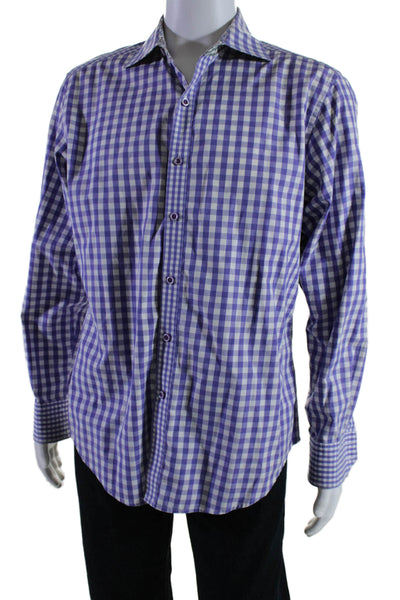 Robert Graham Mens Cotton Purple Gingham Collar Long Sleeve Dress Shirt Size L