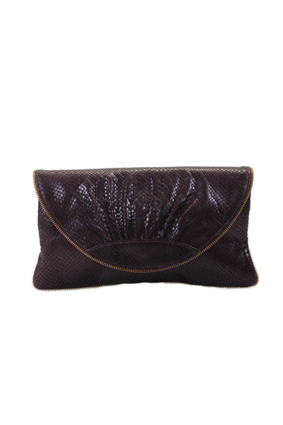 Lauren Merkin Womens Leather Snakeskin Print Zipper Trim Clutch Bag Purple