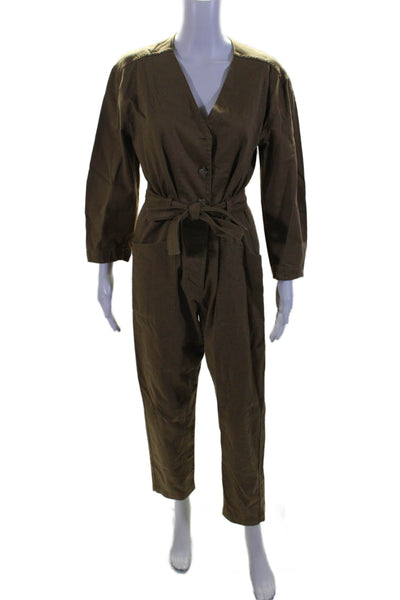 Xirena Womens Cotton Brown Long Sleeve Belt Straight Leg Jumpsuit Size S