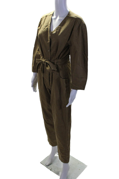 Xirena Womens Cotton Brown Long Sleeve Belt Straight Leg Jumpsuit Size S