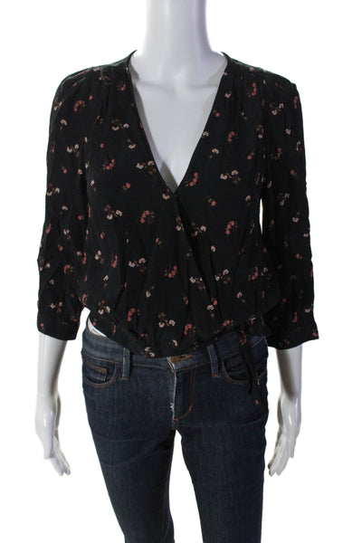 Madewell Womens V Neck Long Sleeve Floral Print Blouse Black Size XXS