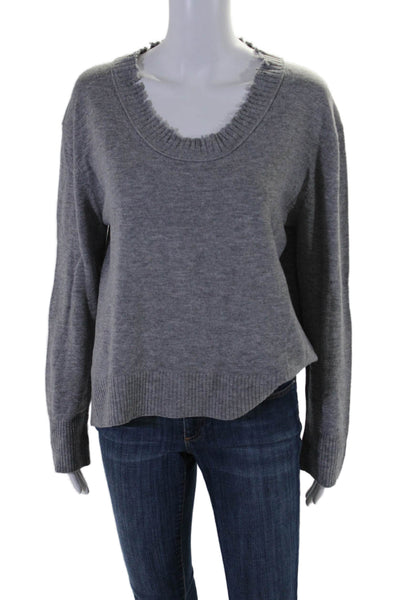 Inhabit Womens Wool Knit Distressed Scoop Neck Long Sleeve Sweater Gray Size L