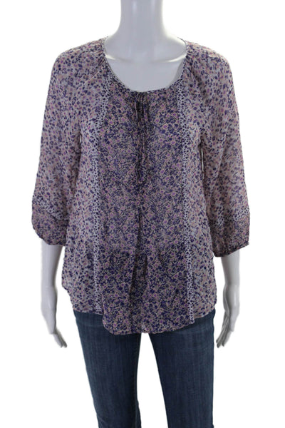 Joie Womens Silk Floral Round Neck Bishop Long Sleeve Blouse Purple Size XS