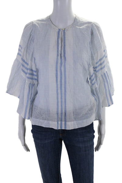 La Vie Womens Cotton Striped Print Flare Long Sleeve Blouse Top Blue Size S