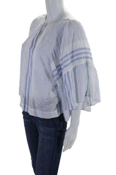 La Vie Womens Cotton Striped Print Flare Long Sleeve Blouse Top Blue Size S