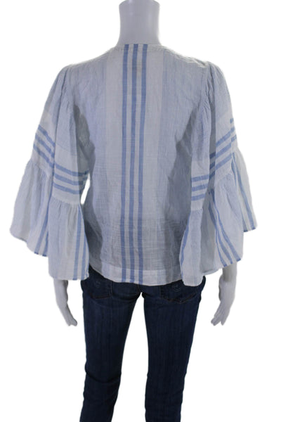 La Vie Womens Cotton Striped Print Flare Long Sleeve Blouse Top Blue Size S