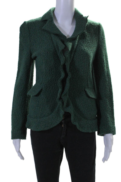 Armani Collezioni Womens Wool V Neck Button Up Ruffle Fleece Jacket Green Size 6